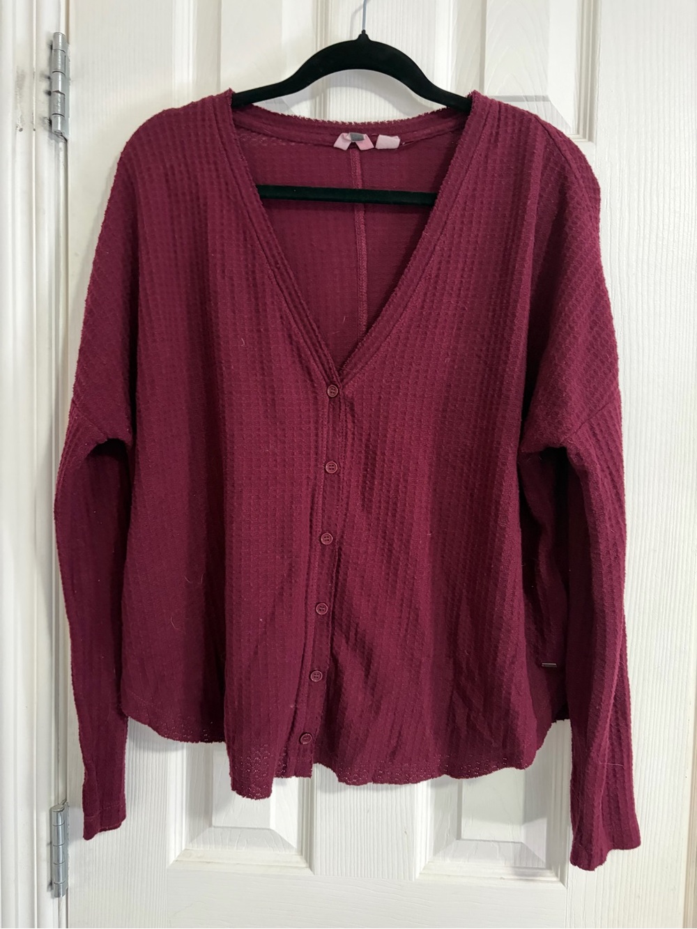 Roxy Waffle-Knit Button Cardigan in Deep Berry